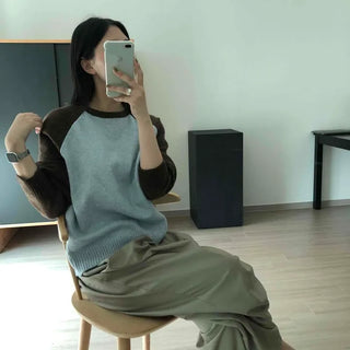 Wool Blend Contrast Raglan Round Neck Loose Fit Knit