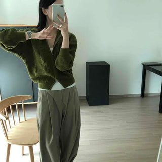 Cable Knit Two-Way High Neck Loose Fit Semi-Crop Zip-Up