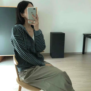 Loose Fit Short Zip-Up Striped Hooded Knit