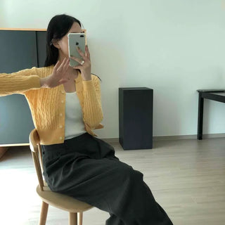 Cable Knit Round Neck Slim Fit Button Cardigan