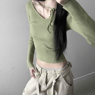 Ribbed V-neck Ribbon Tie Crop Long Sleeve T-shirt