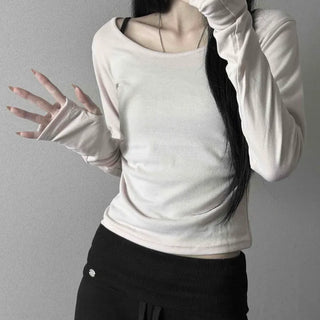 Cotton Shirred Warmer U-Neck Slim Fit Crop Long Sleeve T-Shirt