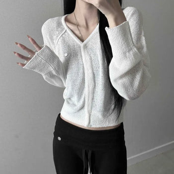 V-Neck Pendant See-through Delicate Fit Linen Crop Cardigan