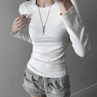 Ribbed Round Neck Button Stretchy Slim Fit Long Sleeve T-shirt