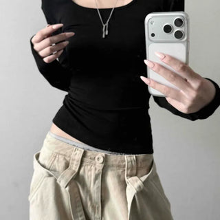 Square Neck Ribbed Stretchy Slim Fit Long-Sleeve Inner T-Shirt