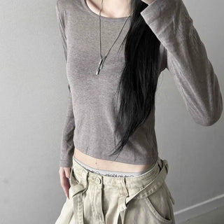 See-through Round Neck Slim Fit Crop Long Sleeve T-shirt