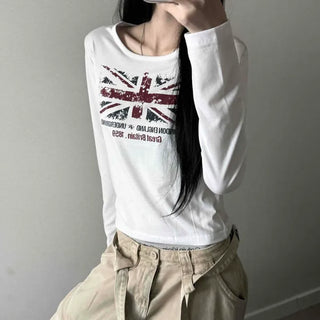 Lettering Logo Print Delicate Fit Slim Fit Crop U-Neck Long Sleeve T-Shirt