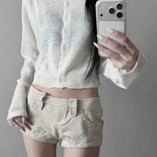 Wool See-through Round Neck Button Slim Fit Crop Cardigan