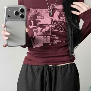 Cartoon Graphic Round Neck Slim Fit Spandex Long Sleeve T-shirt