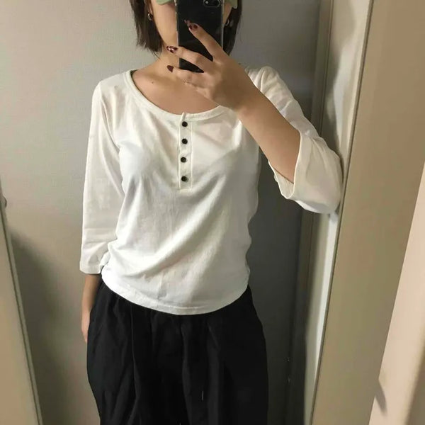 Cotton Roll-up Button 3/4 Slim Fit Round Neck Short Sleeve T-shirt