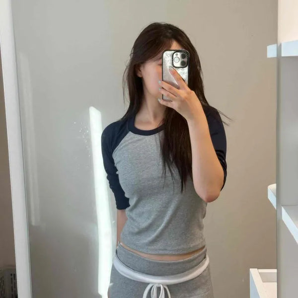Raglan Contrast Cropped Slim Fit Long Sleeve T-shirt