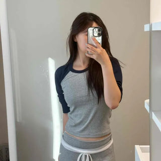 Raglan Contrast Cropped Slim Fit Long Sleeve T-shirt