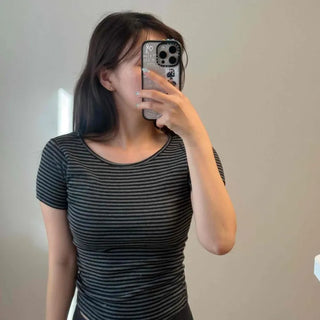 Stretchy Striped Slim Fit Crop Short Sleeve Tee