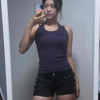 Low-Rise Rivet Button Denim Punk Shorts
