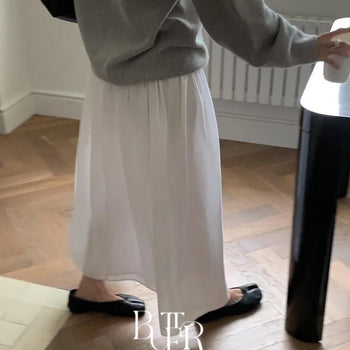 Bern Voluminous Shirred Long Skirt, Pintuck Flare Tencel Wool A-Line Long Skirt