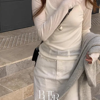 Lumi Frill T-shirt, Wavy Mesh See-through Long Sleeve Round Neck Wool Tencel Slim Fit Layered Basic Tee