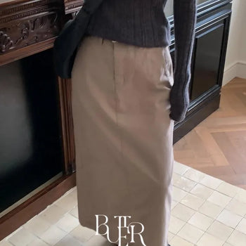 Marie Vintage A-line Skirt, Cotton Back Slit Stitch Long Skirt