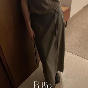 Mute Belted Striped Long Skirt, Pinstripe Waist-Tie Belted A-Line Long Skirt