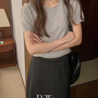 Autumn Wool Short Sleeve Knit, Round Neck Wool Blend Basic Short Sleeve Knit