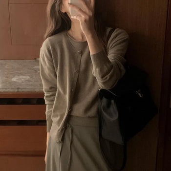 Autumn Wool Cardigan, Round Neck Wool Blend Basic Long Sleeve Knit Cardigan