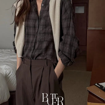 Miller check shirt, fine wrinkle check loose-fit long-sleeve shirt