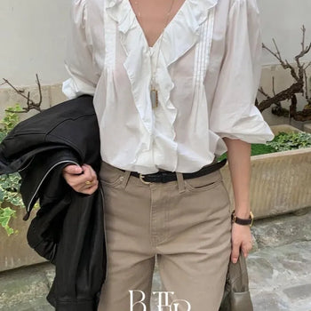 Margo Ruffle Blouse, Neck Frill Pintuck Long Sleeve Layered Spring Shirt