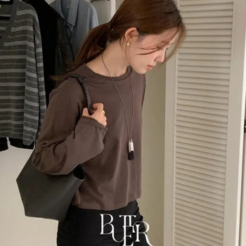Adele Soft Modal Crop T-shirt, Round Neck Long Sleeve Loose Fit Boxy Layered Plain Basic Tee for Spring & Autumn