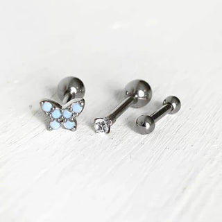 (Set) Charming Butterfly Piercing Set Blue Cubic Mini Butterfly Basic Barbell Surgical Steel 8mm Earrings Labret Bar