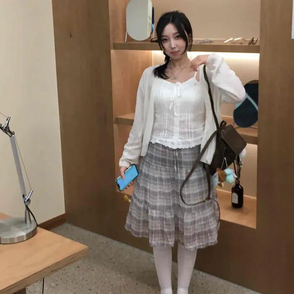 Check Chiffon Frill Tiered Long Skirt