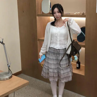 Check Chiffon Frill Tiered Long Skirt