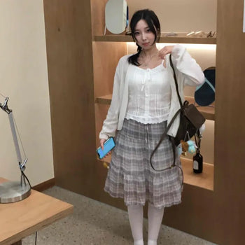 Check Chiffon Frill Tiered Long Skirt