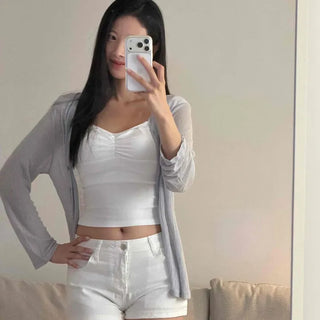 Tencel Ribbed V-Neck See-through Loose Fit Long Sleeve Cardigan
