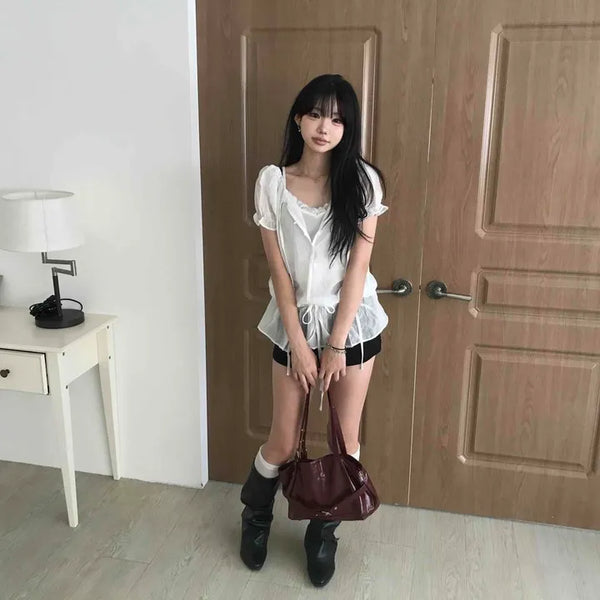 See-through Puff Off-shoulder String Banding Blouse