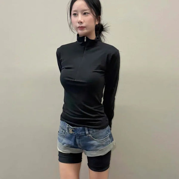 Cotton Blend Turtleneck Zip-up Slim Fit Long Sleeve T-shirt
