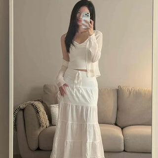 Lace Tiered Ruffle High-Waisted Loose Fit Maxi Long Skirt