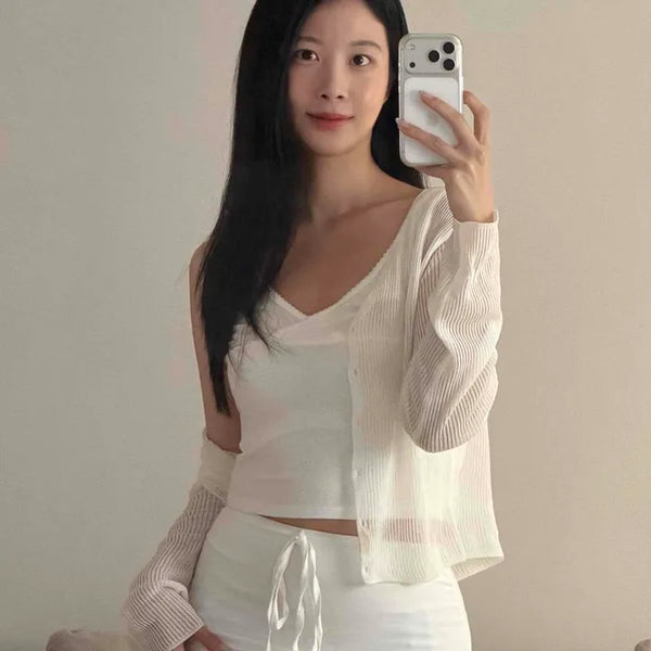Ribbed See-through V-Neck Side Button Delicate Fit Crop Cardigan