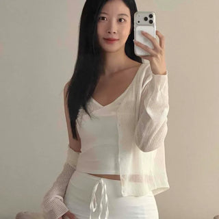 Ribbed See-through V-Neck Side Button Delicate Fit Crop Cardigan