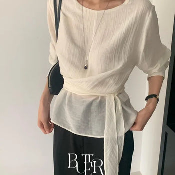 Shine Wrap Blouse, See-through Wrap Tie Strap Round Neck Long Sleeve Transitional Top, 2 Colors