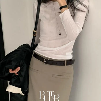 Ash Boat Neck T-shirt, Ribbed Lip Neck Wavy Long Sleeve Transitional Autumn Top 4 Colors