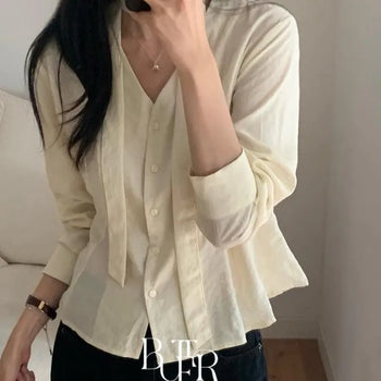 Lauren Flare Tie Blouse, V-Neck Tie Set Frill Flare Long Sleeve Autumn 3 Colors