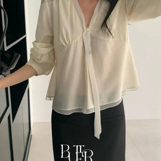 Monet Chiffon Tie Blouse, V-neck Tie Contrast Chiffon Flare Long Sleeve Transitional Season 2 Colors