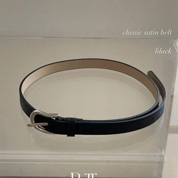Classic satin belt, oval silver pine buckle slim leather belt