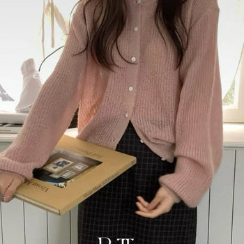 Mohair Hacci Cardigan, Round Neck Mohair Blend See-through Hacci Knit Cardigan