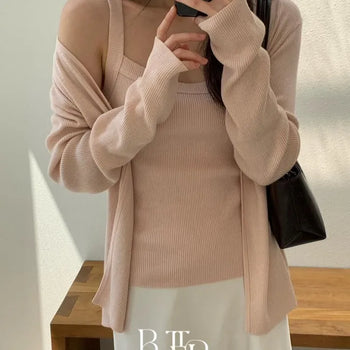 Mood Knit Sleeveless Cardigan Superfine Wool Set, Ribbed Sleeveless Set Autumn Transitional Tops 5 Colors