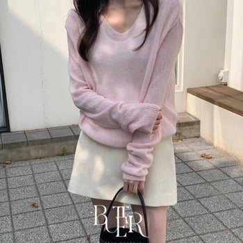 Anna V-neck Mohair Knit, V-neck Wool Mohair See-through Long Sleeve Knit, Spring/Autumn Transitional Season, 4 Colors