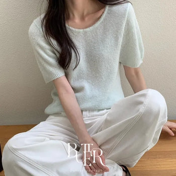 Alpaca U-neck Knit, U-neck Alpaca Wool Blend Short-sleeve Knit Transitional Top 3 Colors