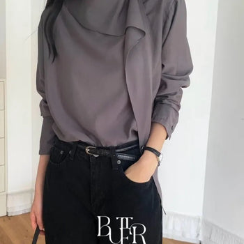 Wreath Tie Blouse, Scarf Neck Draped Loose Fit Long Sleeve Transitional Wedding Guest Look 3 Colors