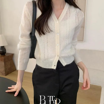 Kid Mohair Knit Cardigan, V-neck Mohair Eyelet Punching Spring/Autumn Outerwear 3 Colors