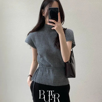 Mer Ribbed Cashmere Mock Neck Knit, Mock Neck Ribbed Cap Sleeve Strap Short Sleeve Knit, Transitional Season, 4 Colors