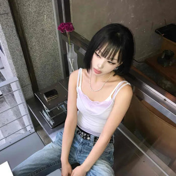 Lace See-through Spandex Slim Fit Semi-Crop Strap Sleeveless Top